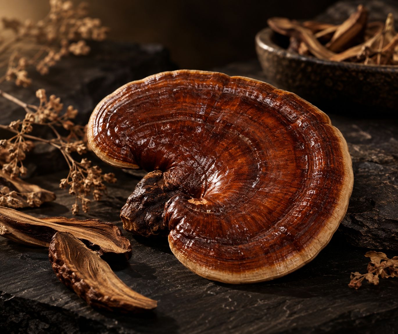 A glossy red-brown Ganoderma lucidum mushroom on dark slate