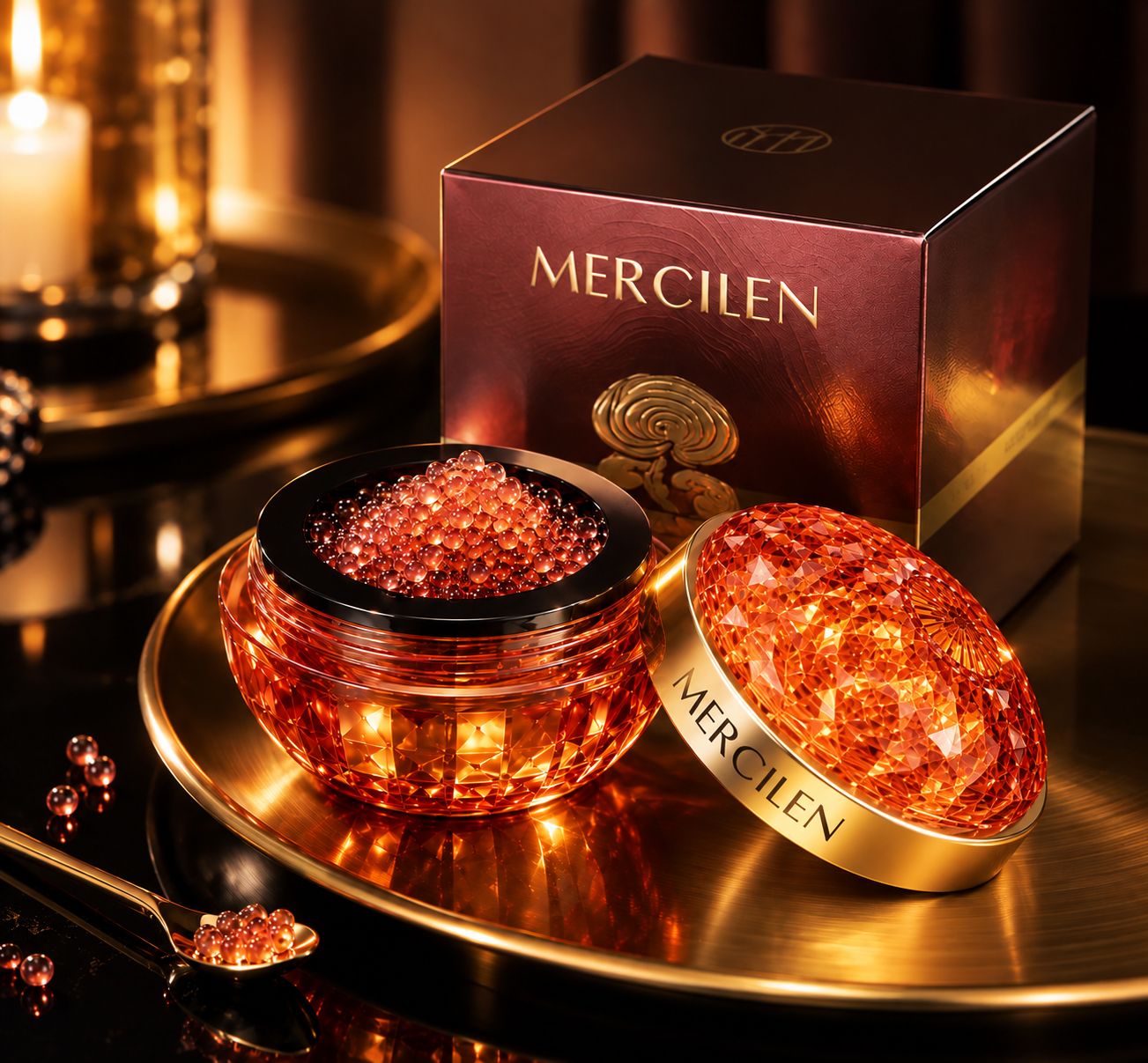 Mercilen spore cream in a faceted amber glass jar with a gold lid, beside its burgundy gift box